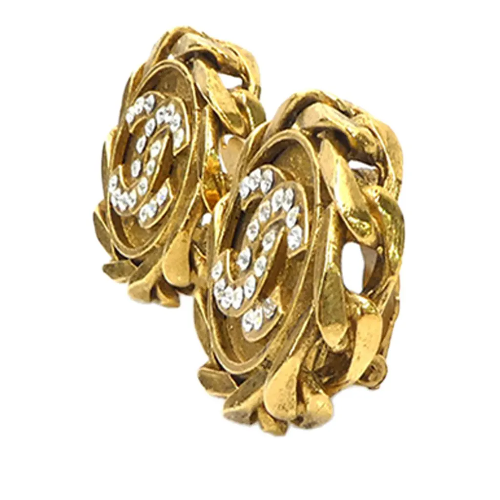 Chanel CC Gold Plated and Strass Round Clip On Earrings Gold Metal Very good - Back View