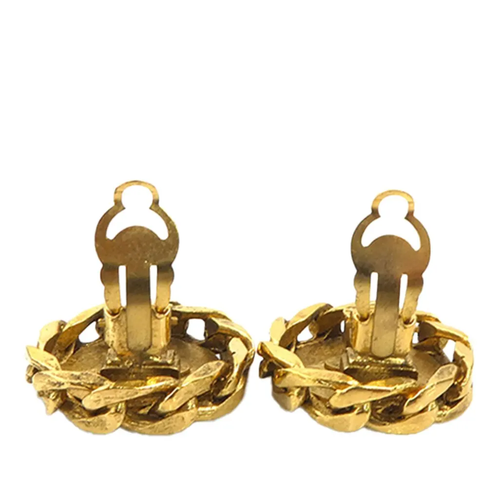 Chanel CC Gold Plated and Strass Round Clip On Earrings Gold Metal Very good - Inside View