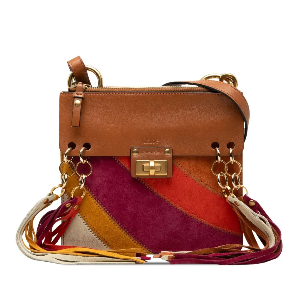 Chloé Small Calfskin and Suede Patchwork Fringe Jane Crossbody Brown Leather Very good - Front View