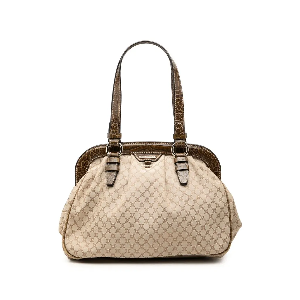 Celine Macadam Canvas Tassel Frame Satchel Beige Canvas Good - Front View
