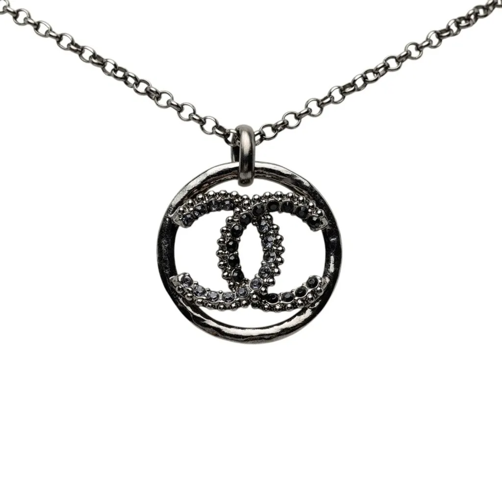 Chanel CC Ruthenium Plated Strass Pendant Necklace Black Metal Very good - Back View