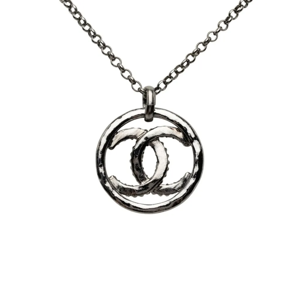 Chanel CC Ruthenium Plated Strass Pendant Necklace Black Metal Very good - Inside View