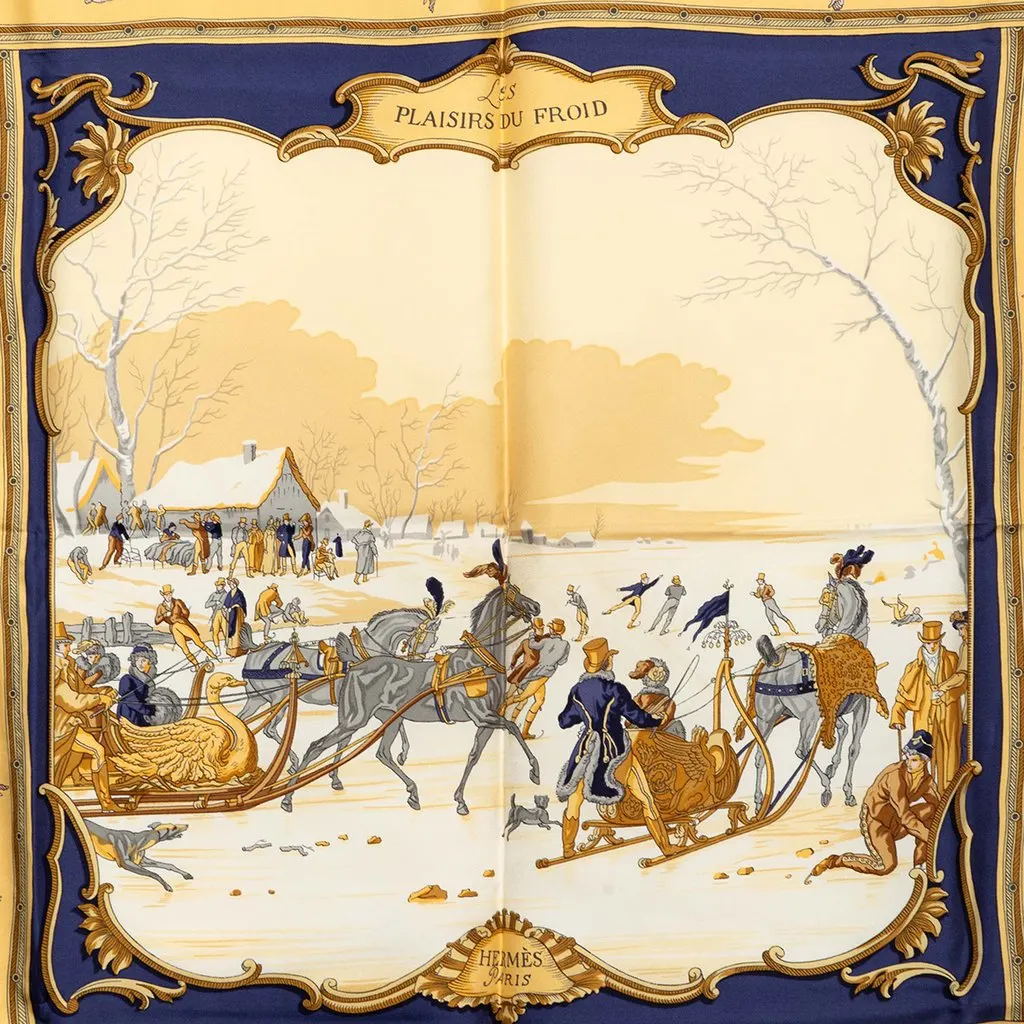 Hermès Les Plaisirs du Froid Silk Scarf 90 Beige Very good - Back View