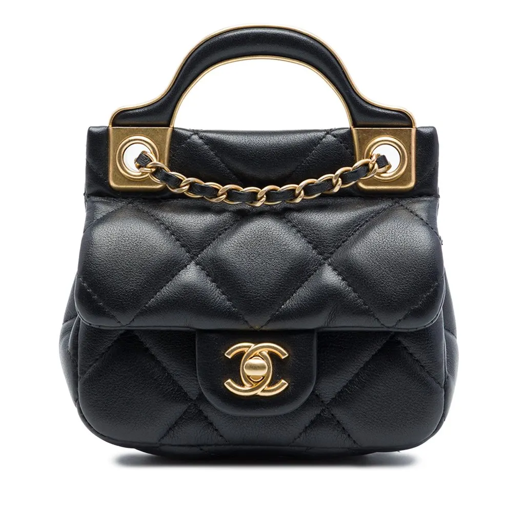 Chanel CC Quilted Calfskin Lady Card Holder with Chain Top Handle Bag Black Leather Very good - Front View