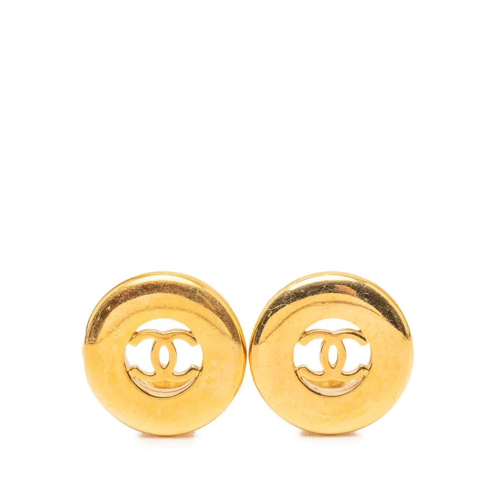 Chanel CC Gold Plated Round Clip On Earrings Gold Metal Very good - Front View