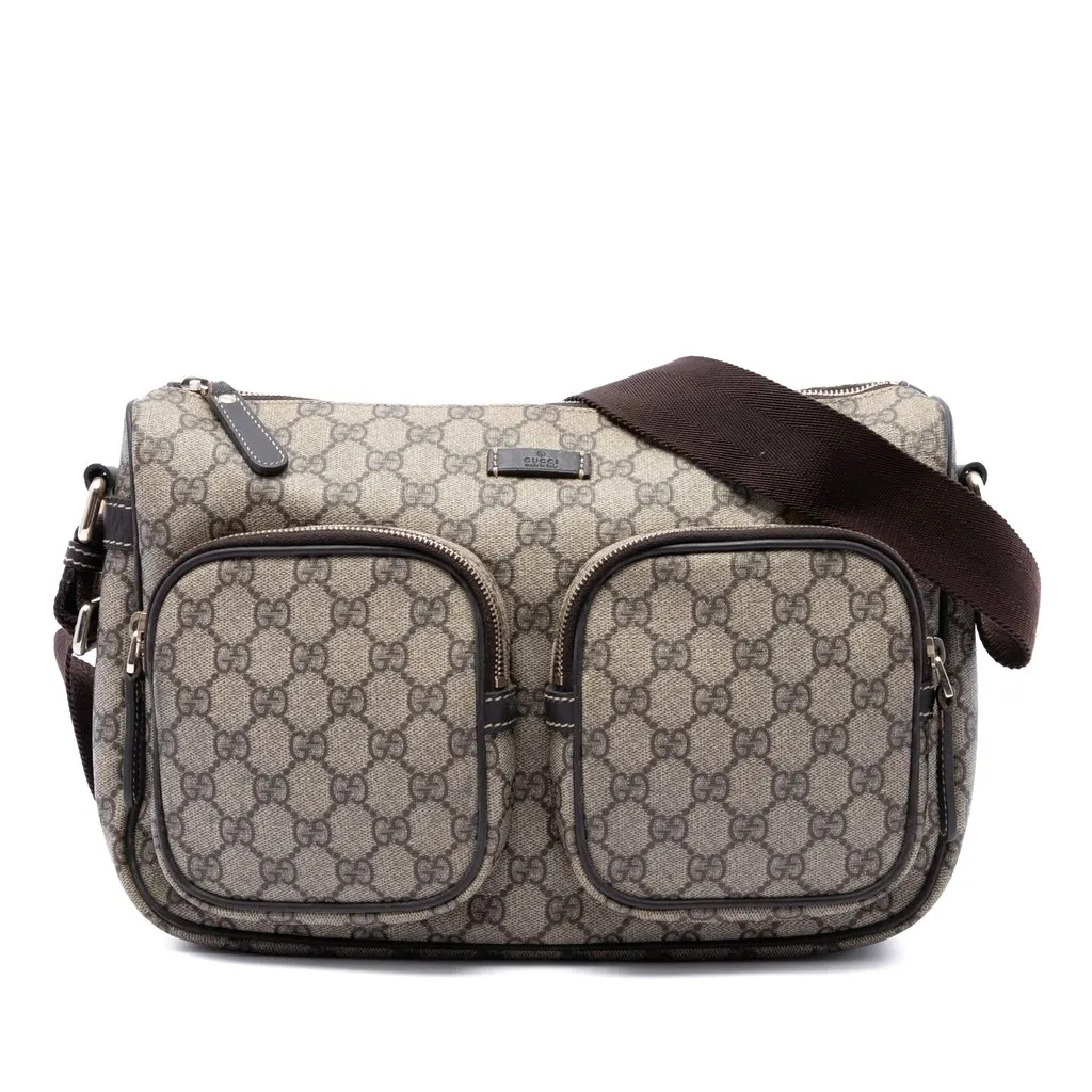 Gucci GG Supreme Double Pocket Crossbody Beige Canvas Good - Front View