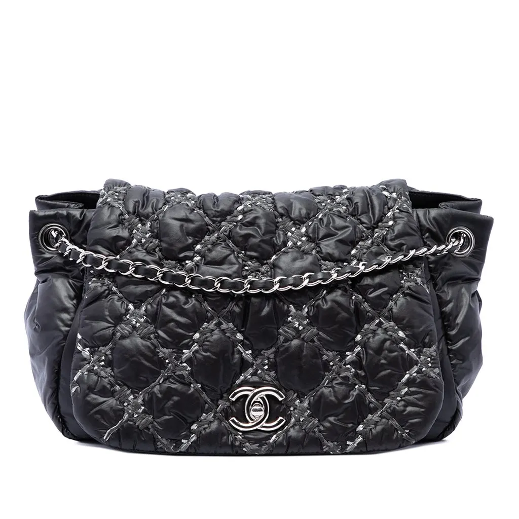 Chanel Paris Byzance Nylon Tweed On Stitch Bubble Accordion Flap Black Polyamide Very good - Front View