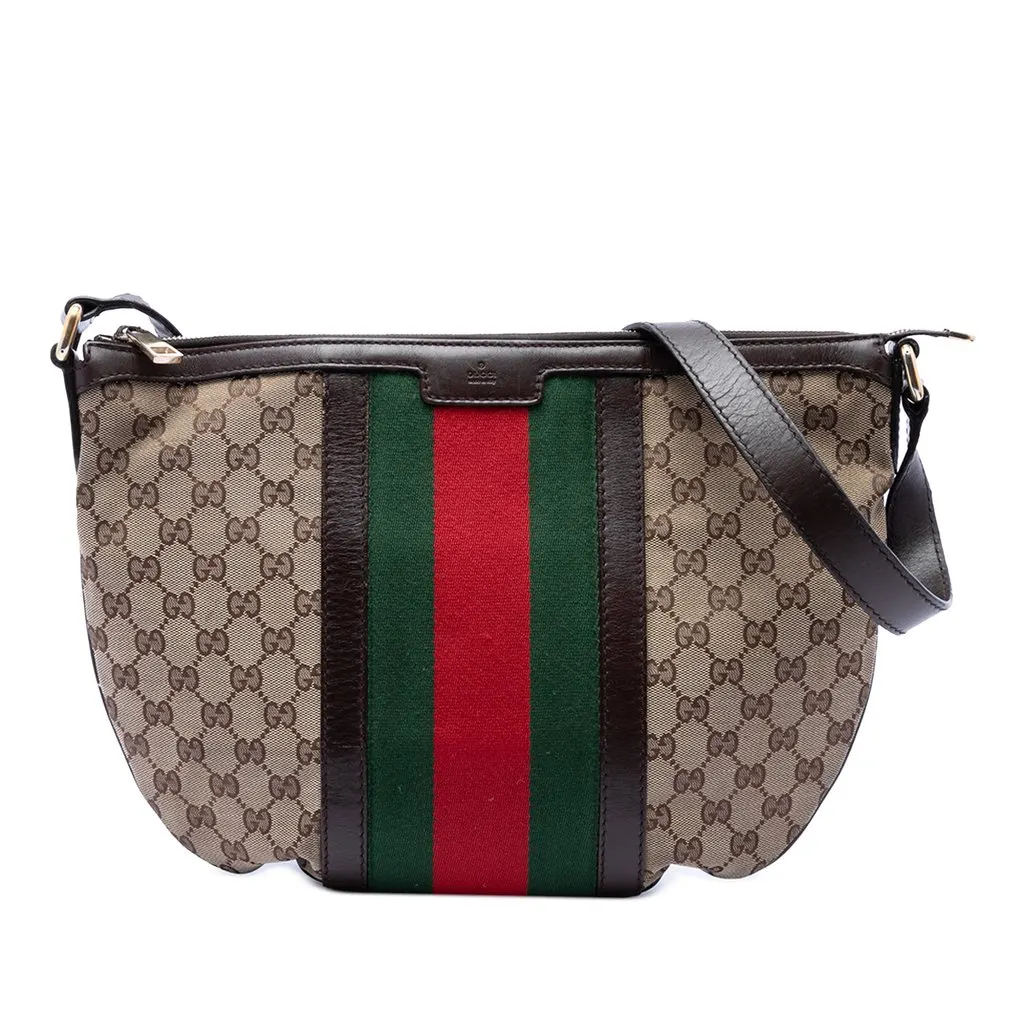 Gucci Medium GG Canvas Web Half Moon Crossbody Beige Canvas Very good - Front View