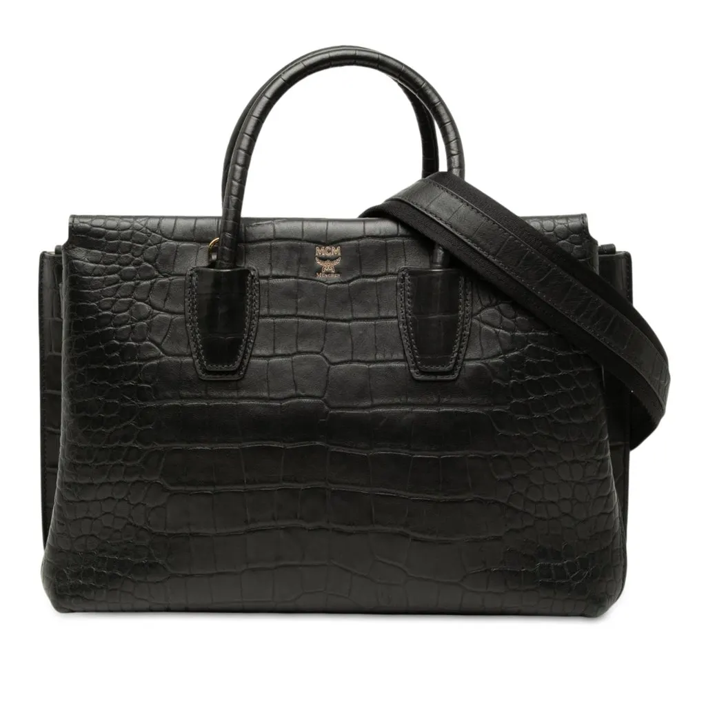 MCM Medium Crocodile Embossed Leather Milla Satchel Black Leather Very good - Front View