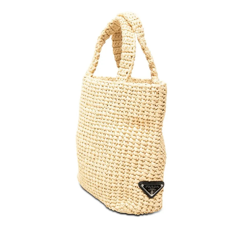 Prada Small Raffia Effect Crochet Embroidered Logo Tote Beige Rattan Very good - Back View