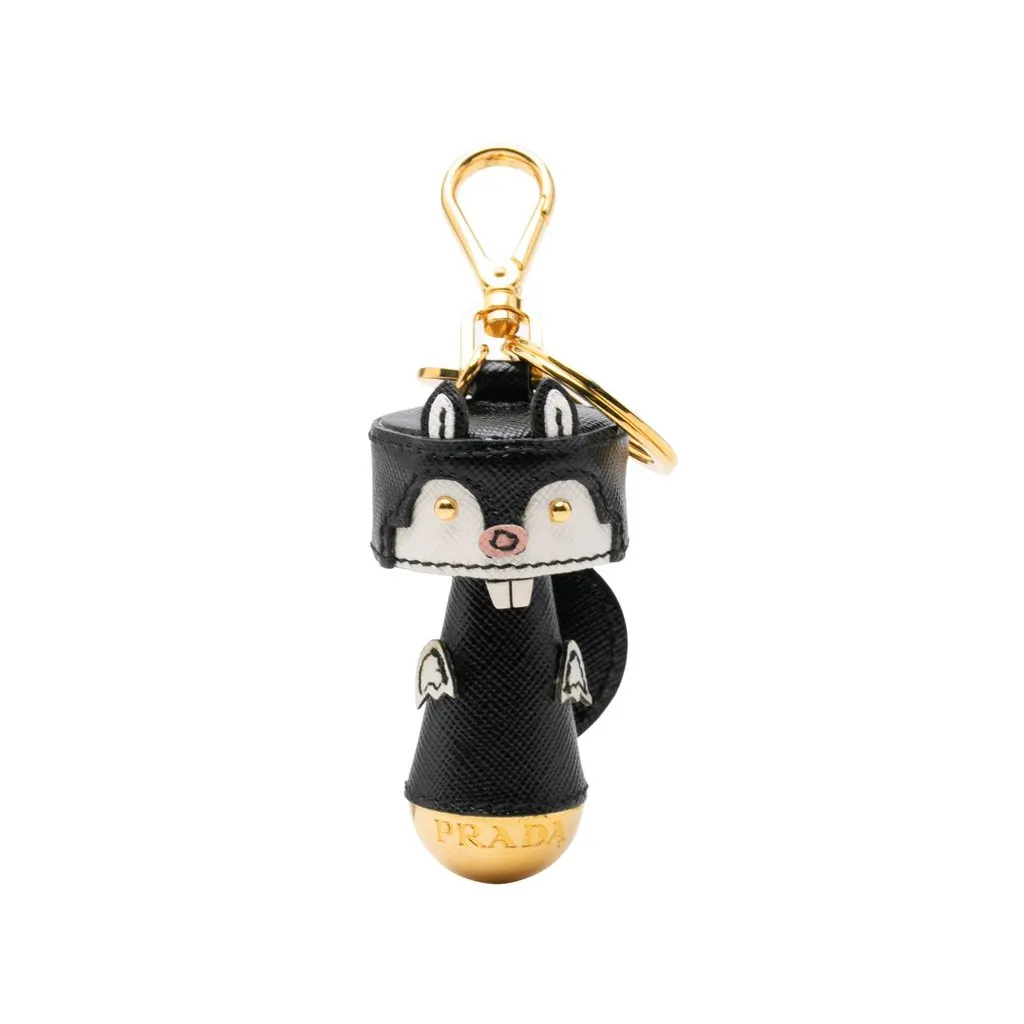 Prada Saffiano Robot Beaver Bag Charm and Key Chain Black Leather Very good - Front View