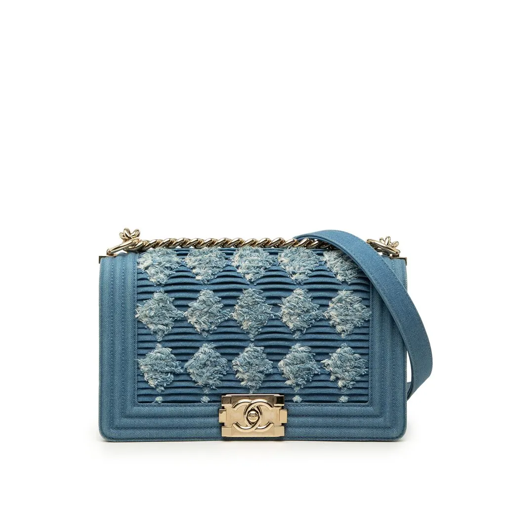 Chanel Old Medium Pleated Denim Boy Flap Blue Very good - Front View