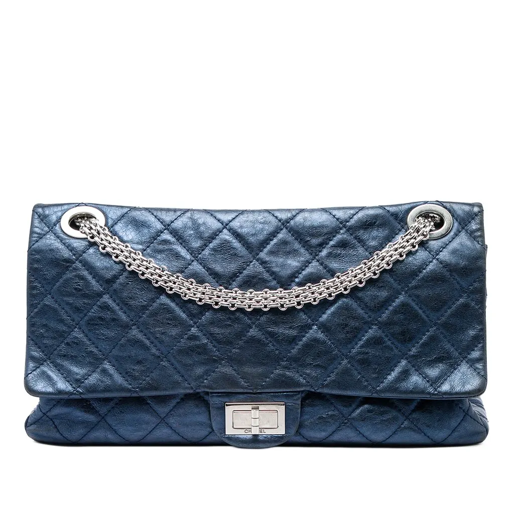 Chanel Metallic Quilted Aged Calfskin Reissue 2.55 Double Flap 228 Blue Leather Very good - Front View