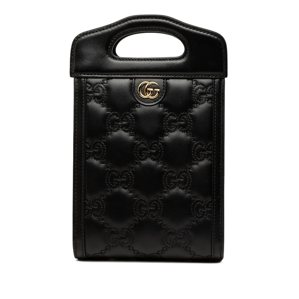 Gucci Mini GG Matelasse Calfskin Cut Out Handle Satchel Black Leather Good - Front View