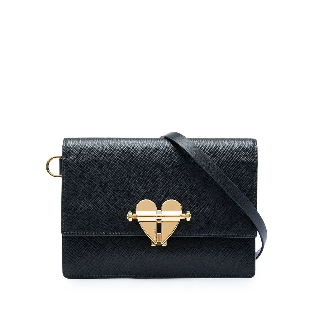 Prada Saffiano Heart Lock Crossbody Black Leather Good - Front View