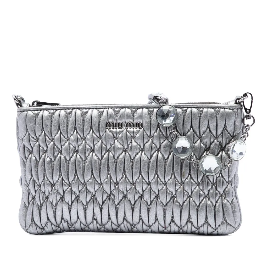 Miu Miu Metallic Matelasse Nappa Crystal Chain Crossbody Silver Leather Very good - Front View