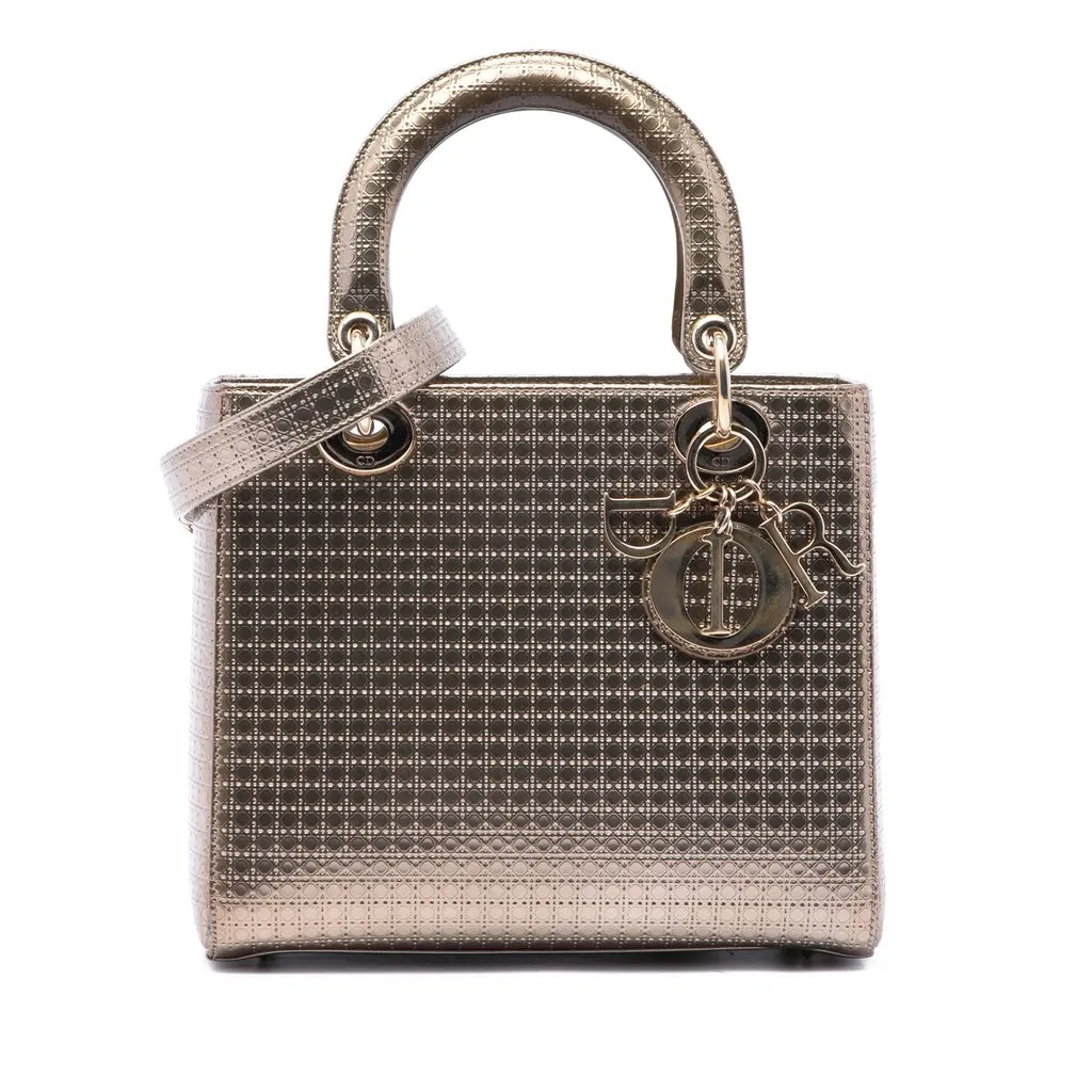 Dior Medium Metallic Patent Microcannage Lady Dior Gold Leather Very good - Front View