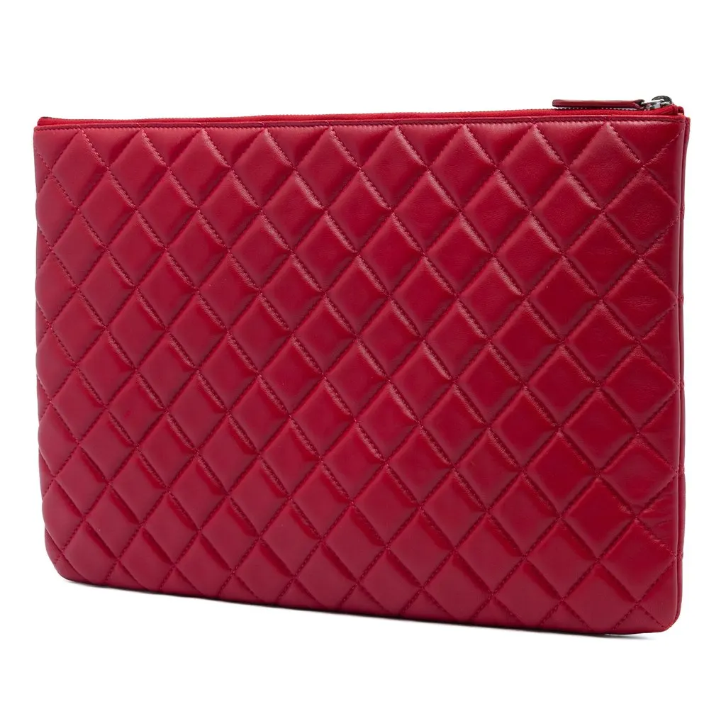 Chanel Large Quilted Lambskin O Case Clutch Red Leather Very good - Back View
