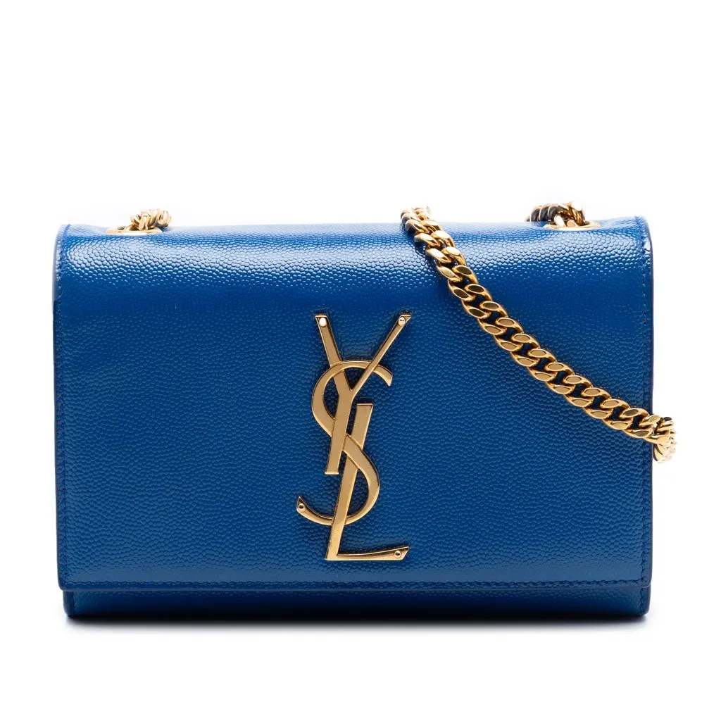Saint Laurent Small Grain De Poudre Monogram Kate Crossbody Blue Leather Very good - Front View