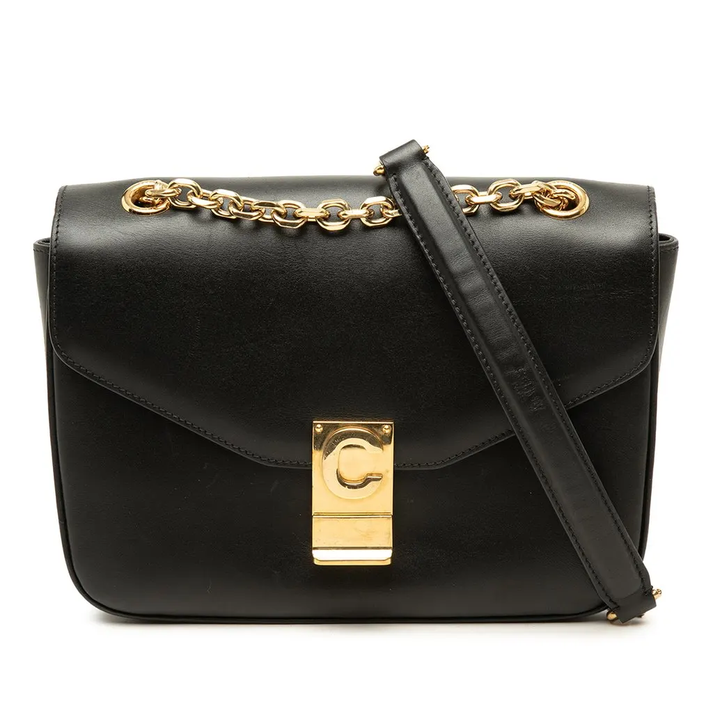 Celine Medium Shiny Calfskin C Shoulder Bag Black Leather Good - Front View