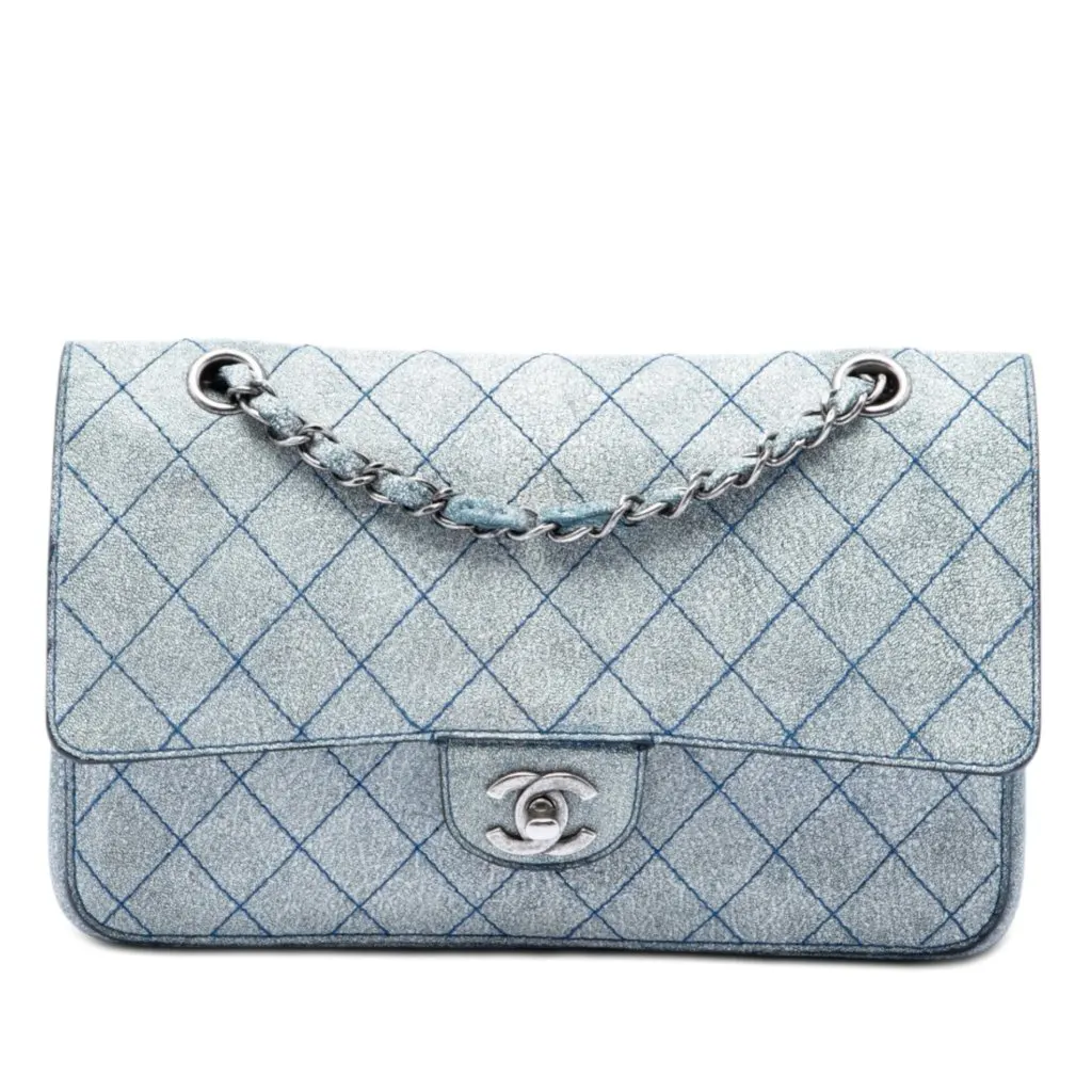 Chanel Medium Classic Crackled Calfskin Wild Stitch Double Flap Blue Leather Very good - Front View