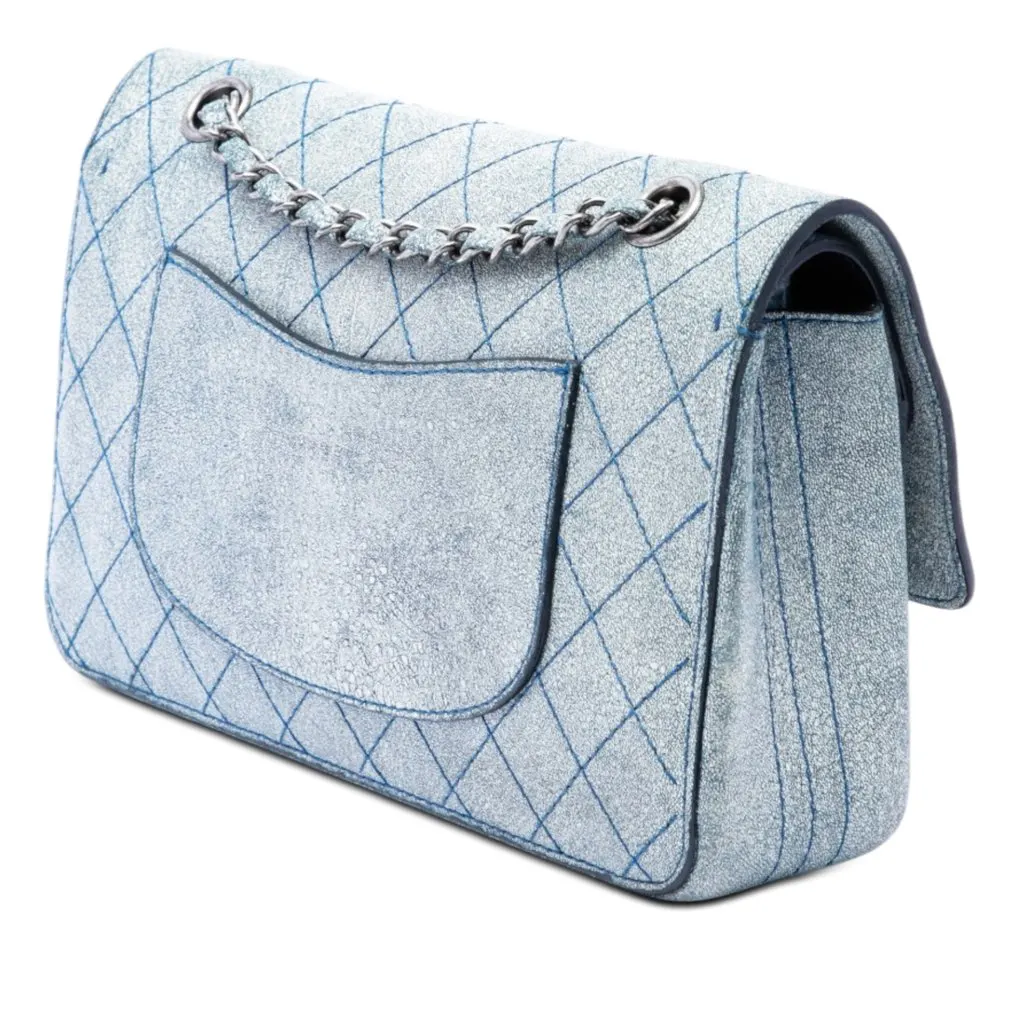 Chanel Medium Classic Crackled Calfskin Wild Stitch Double Flap Blue Leather Very good - Back View