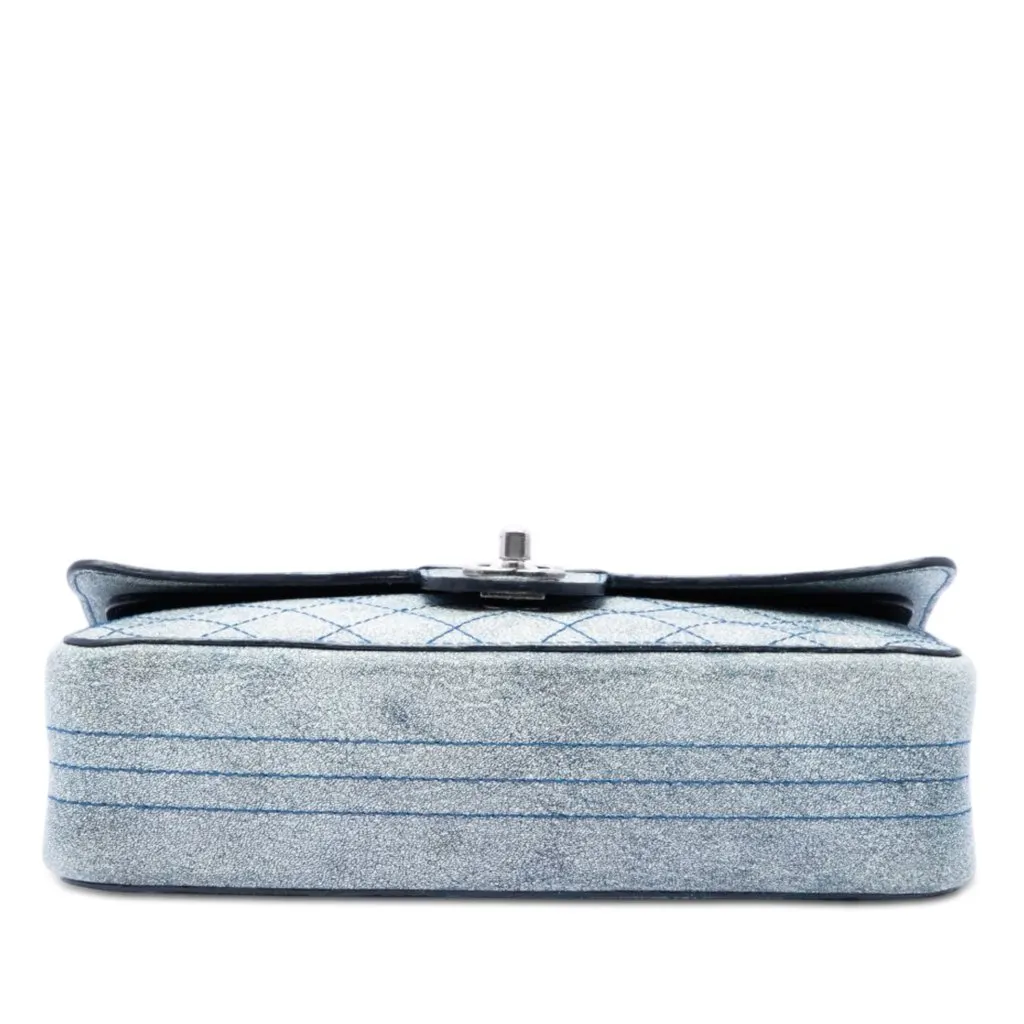 Chanel Medium Classic Crackled Calfskin Wild Stitch Double Flap Blue Leather Very good - Inside View