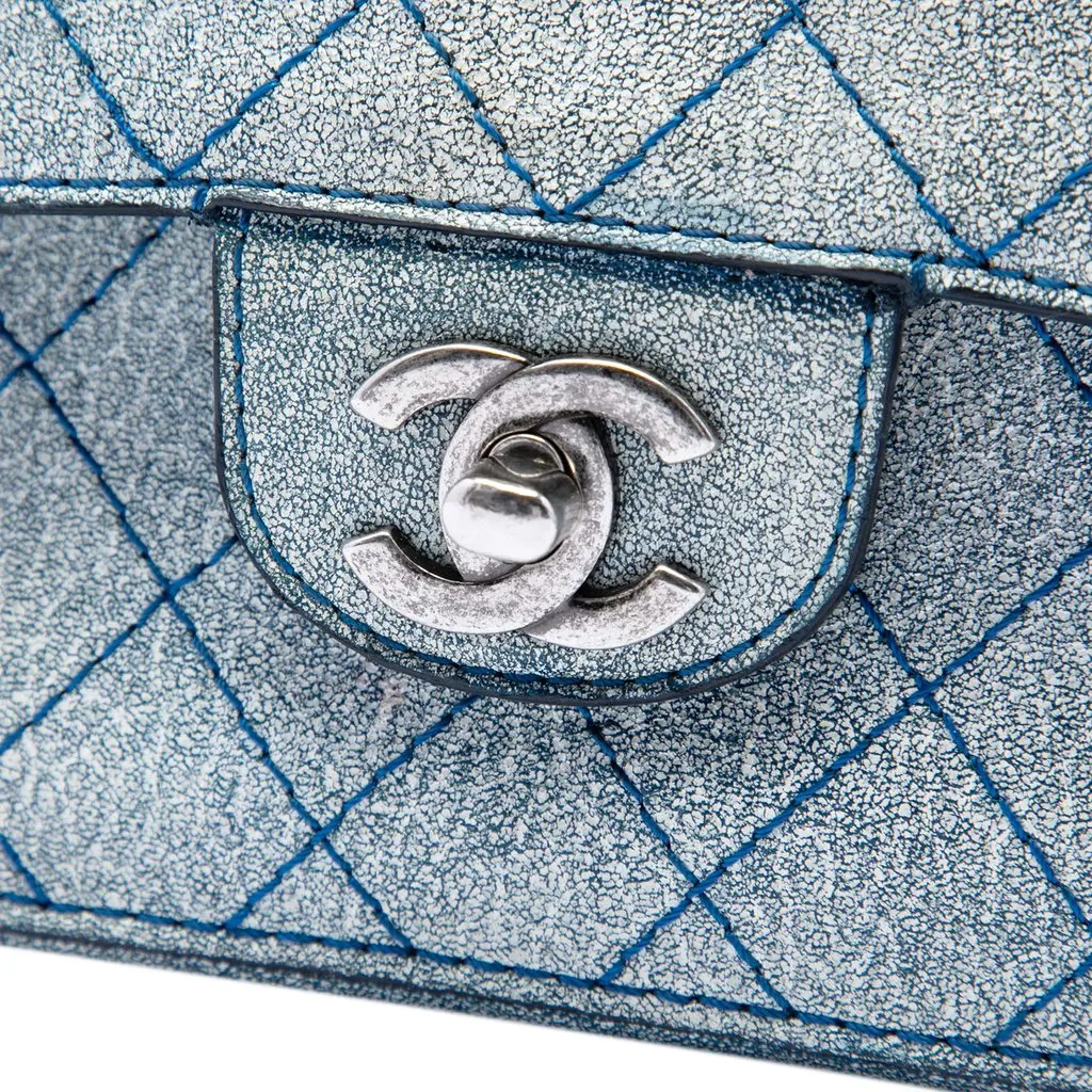Chanel Medium Classic Crackled Calfskin Wild Stitch Double Flap Blue Leather Very good - Box View