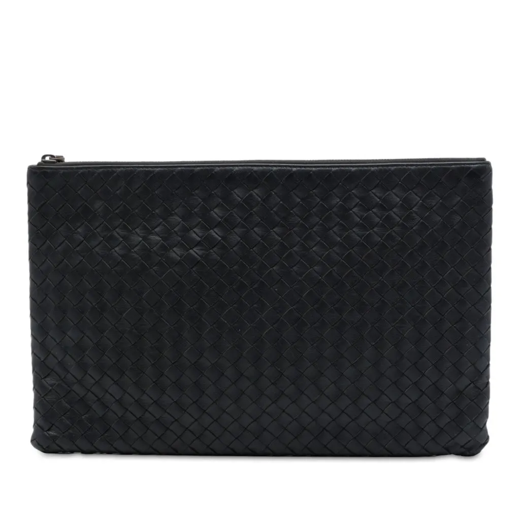 Bottega Veneta Large Nappa Intrecciato Flat Zip Biletto Pouch Black Leather Very good - Front View