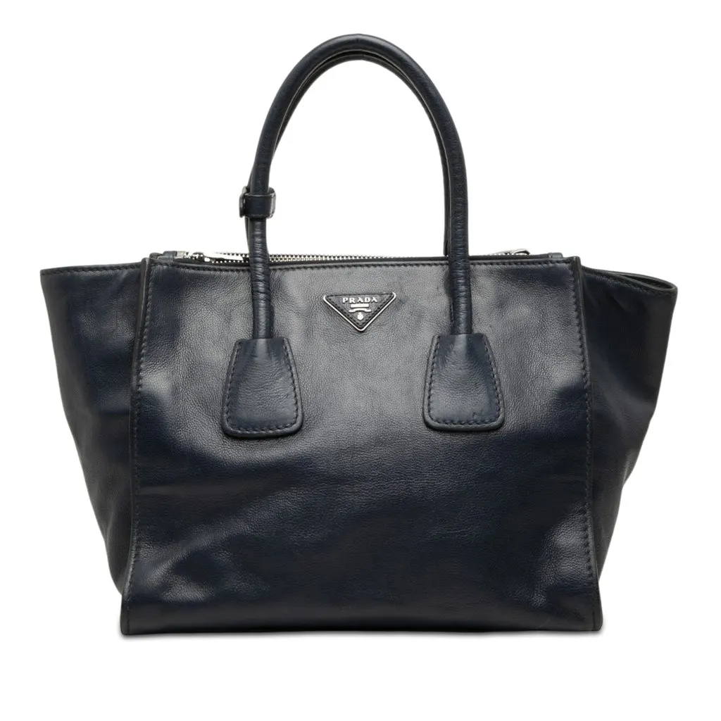 Prada Glace Calf Twin Pocket Double Handle Satchel Blue Leather Very good - Front View