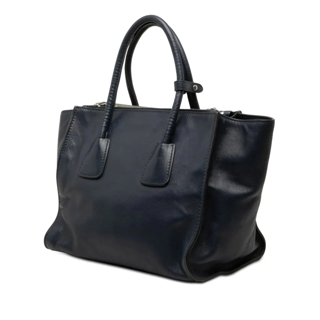 Prada Glace Calf Twin Pocket Double Handle Satchel Blue Leather Very good - Back View