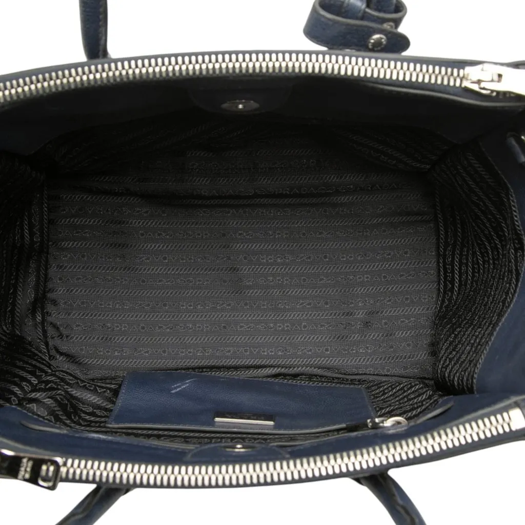 Prada Glace Calf Twin Pocket Double Handle Satchel Blue Leather Very good - Model View