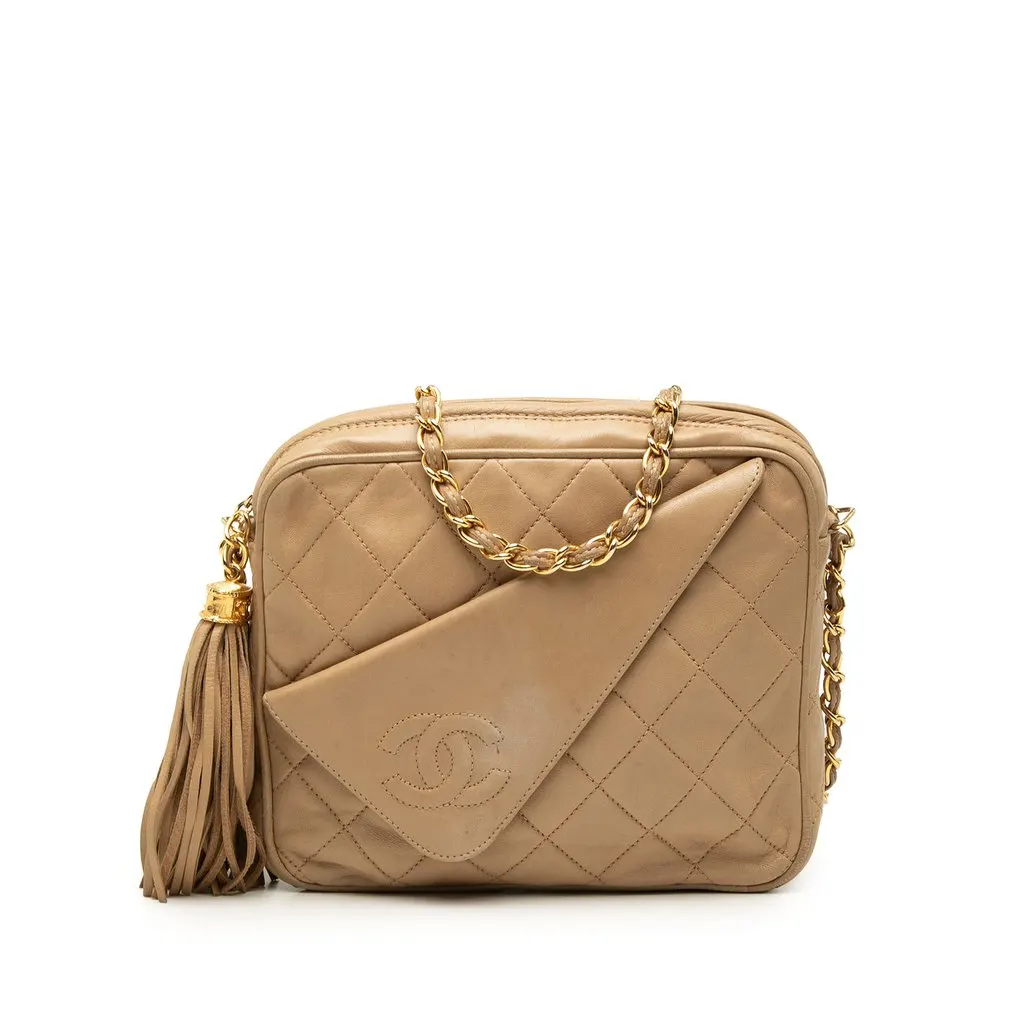 Chanel Mini CC Quilted Lambskin Tassel Camera Bag Beige Leather Very good - Front View