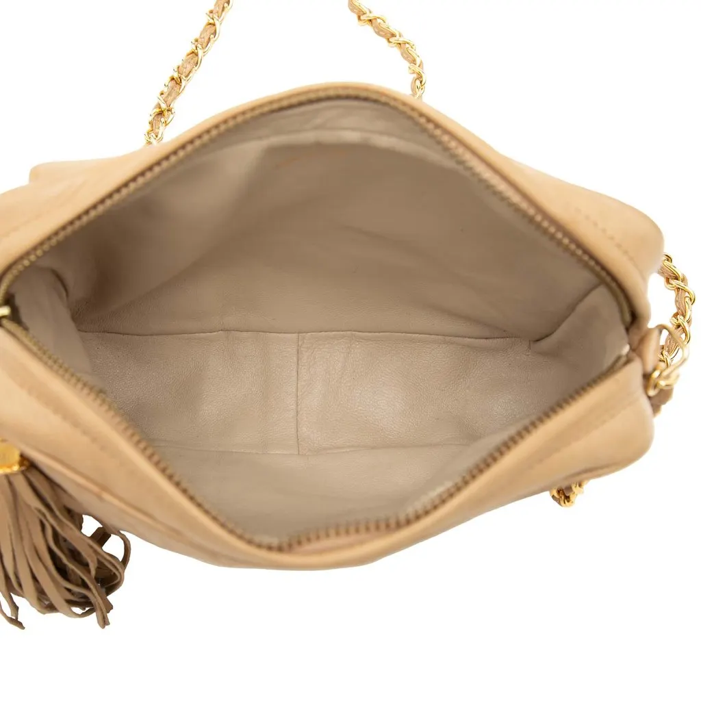 Chanel Mini CC Quilted Lambskin Tassel Camera Bag Beige Leather Very good - Model View