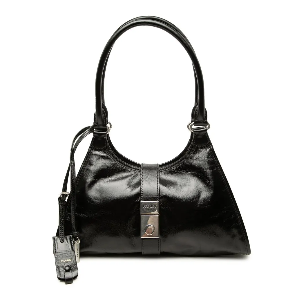Prada Medium Glossy Calfskin Shoulder Bag Black Leather Good - Front View