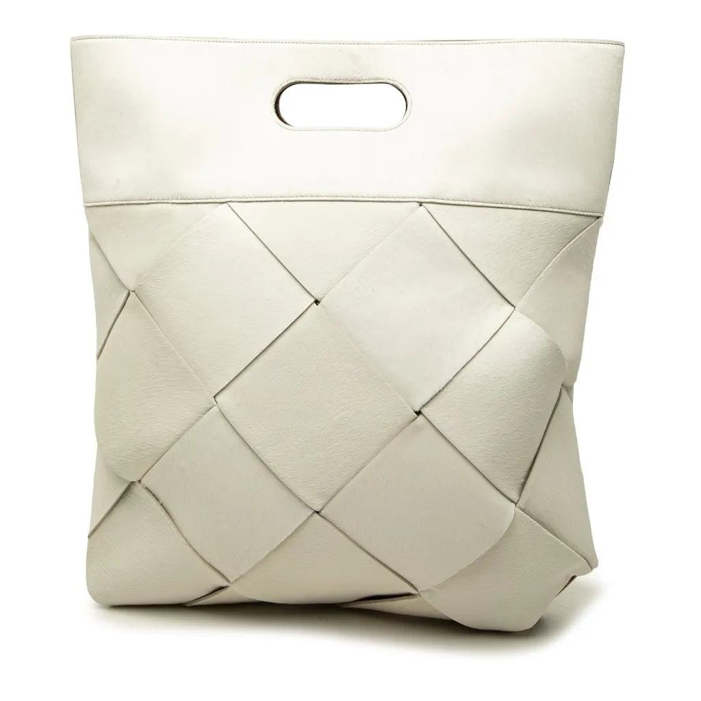 Bottega Veneta Medium Pony Hair Maxi Intrecciato Slip Tote White Leather Very good - Front View