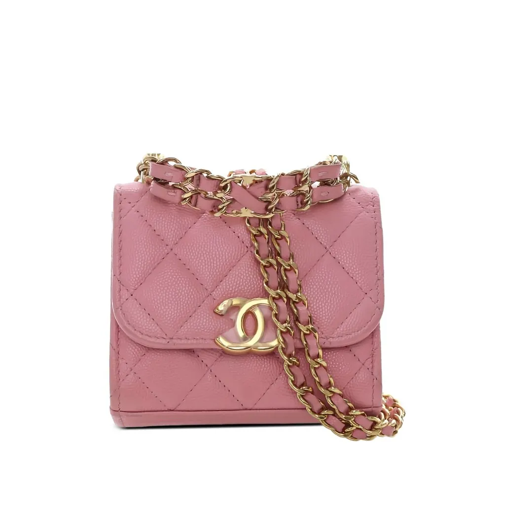 Chanel Mini CC Quilted Caviar Top Handle Clutch with Chain Pink Leather Good - Front View