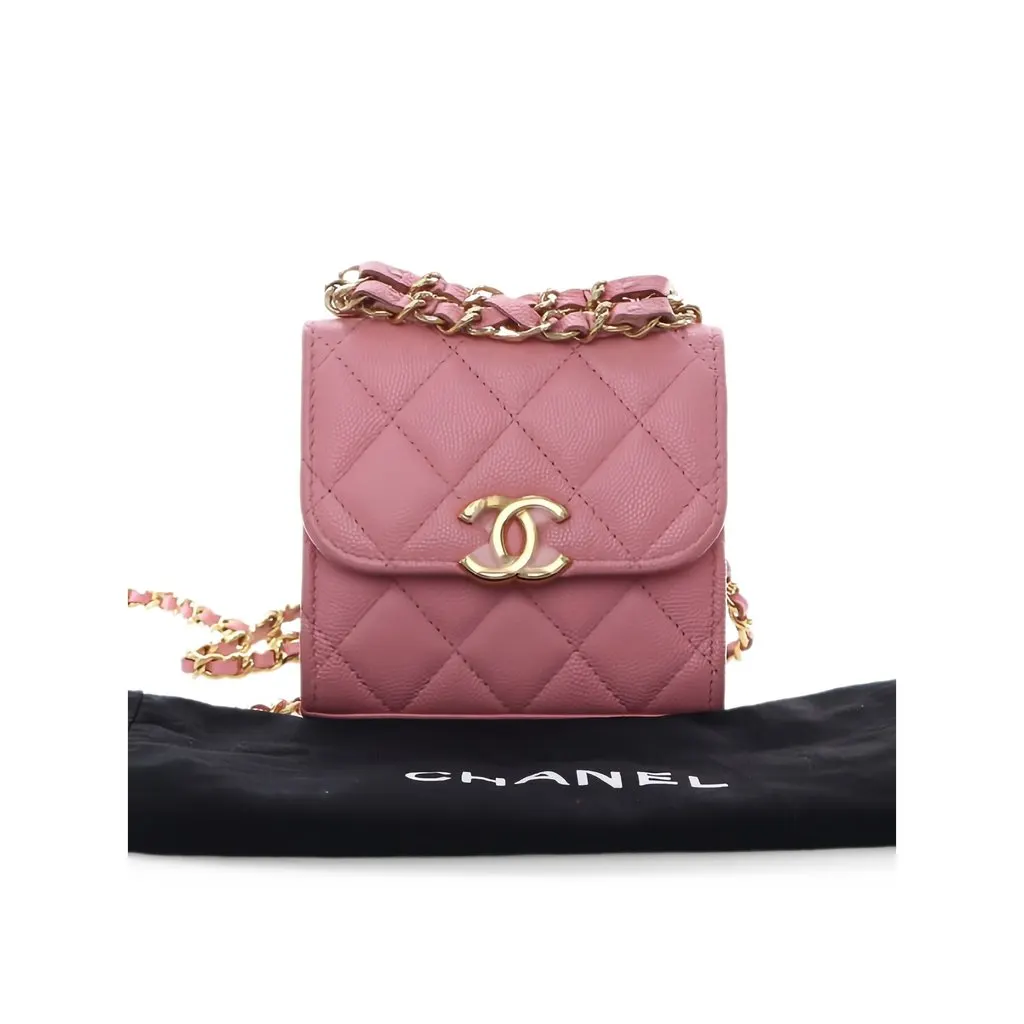 Chanel Mini CC Quilted Caviar Top Handle Clutch with Chain Pink Leather Good - Inside View