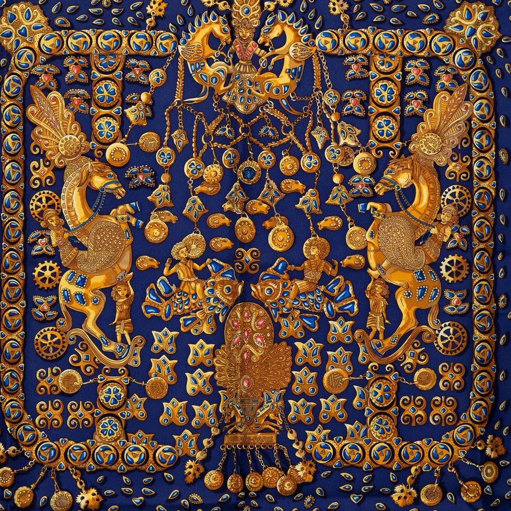 Hermès Tresors Retrouves Silk Scarf 90 Blue Silk Very good - Back View