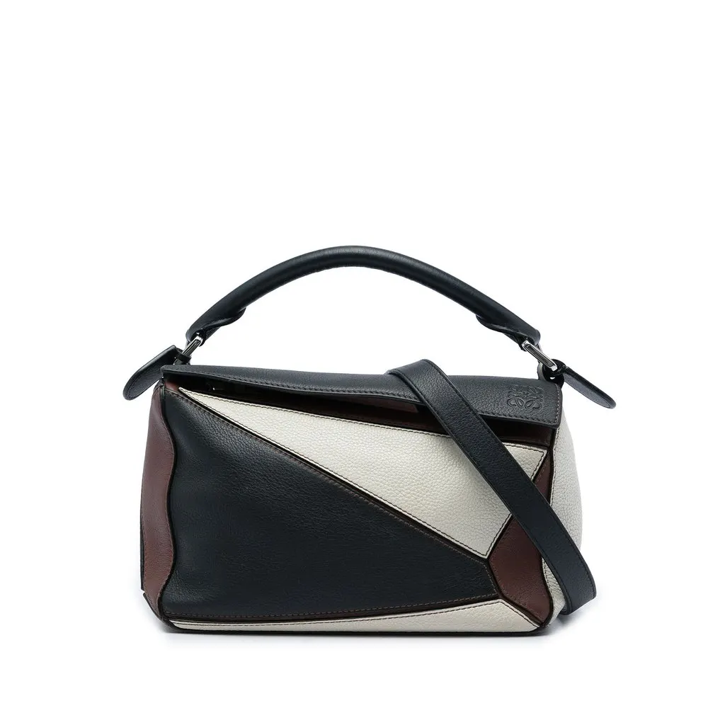 Loewe Small Tricolor Calfskin Puzzle Satchel Black Leather Good - Front View