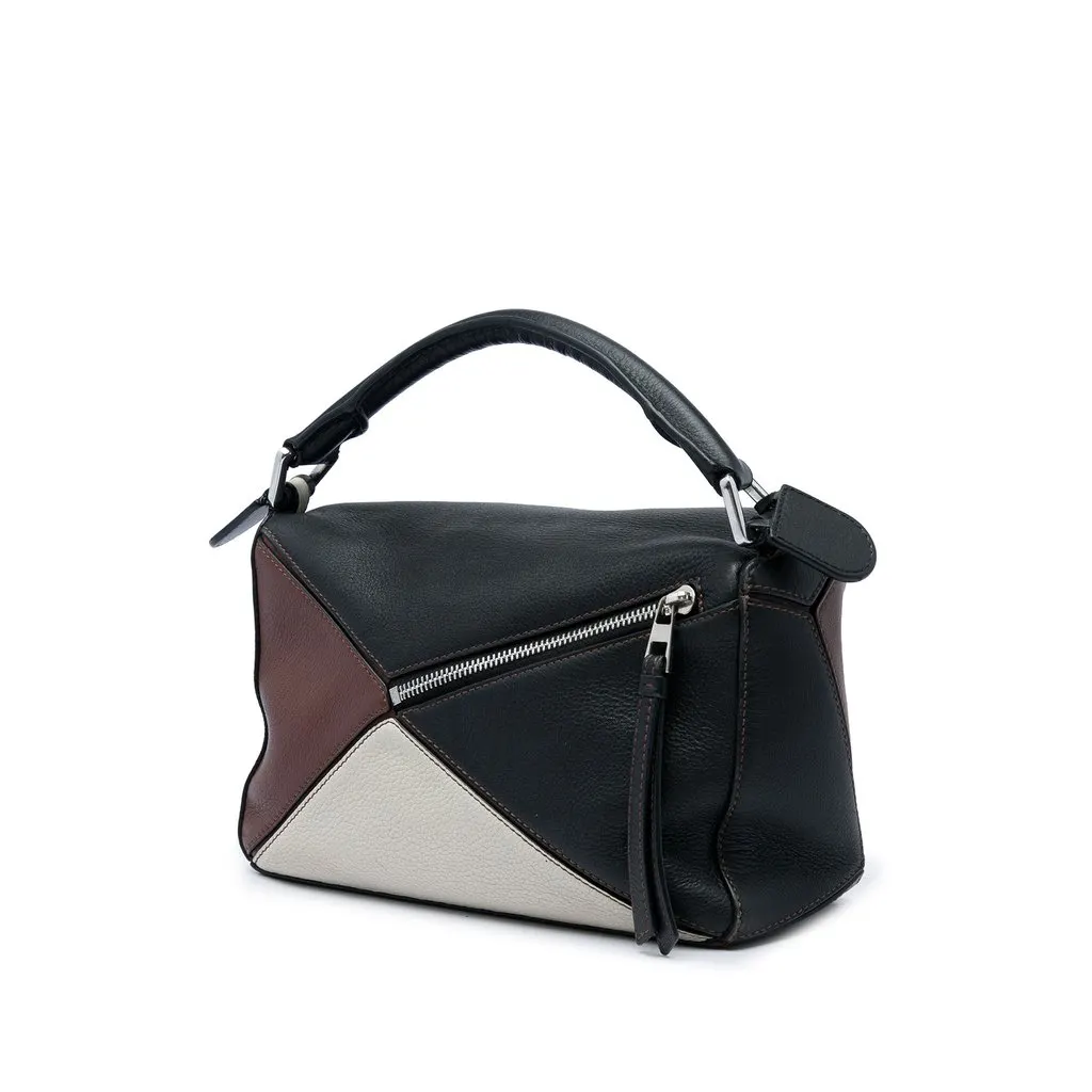 Loewe Small Tricolor Calfskin Puzzle Satchel Black Leather Good - Back View
