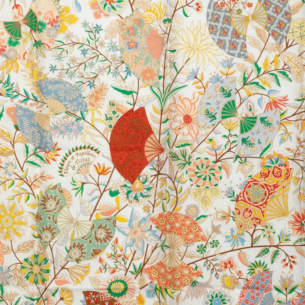 Hermès Fleurs et Papillons de Tissus Silk Scarf 90 White Very good - Back View