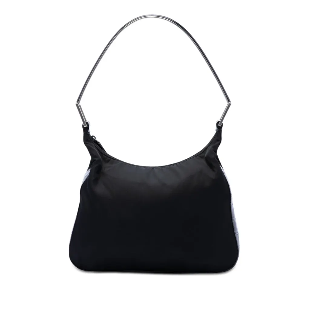 Prada Croc Embossed Leather Trimmed Tessuto Shoulder Bag Black Very good - Front View