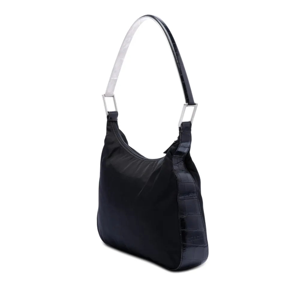 Prada Croc Embossed Leather Trimmed Tessuto Shoulder Bag Black Very good - Back View
