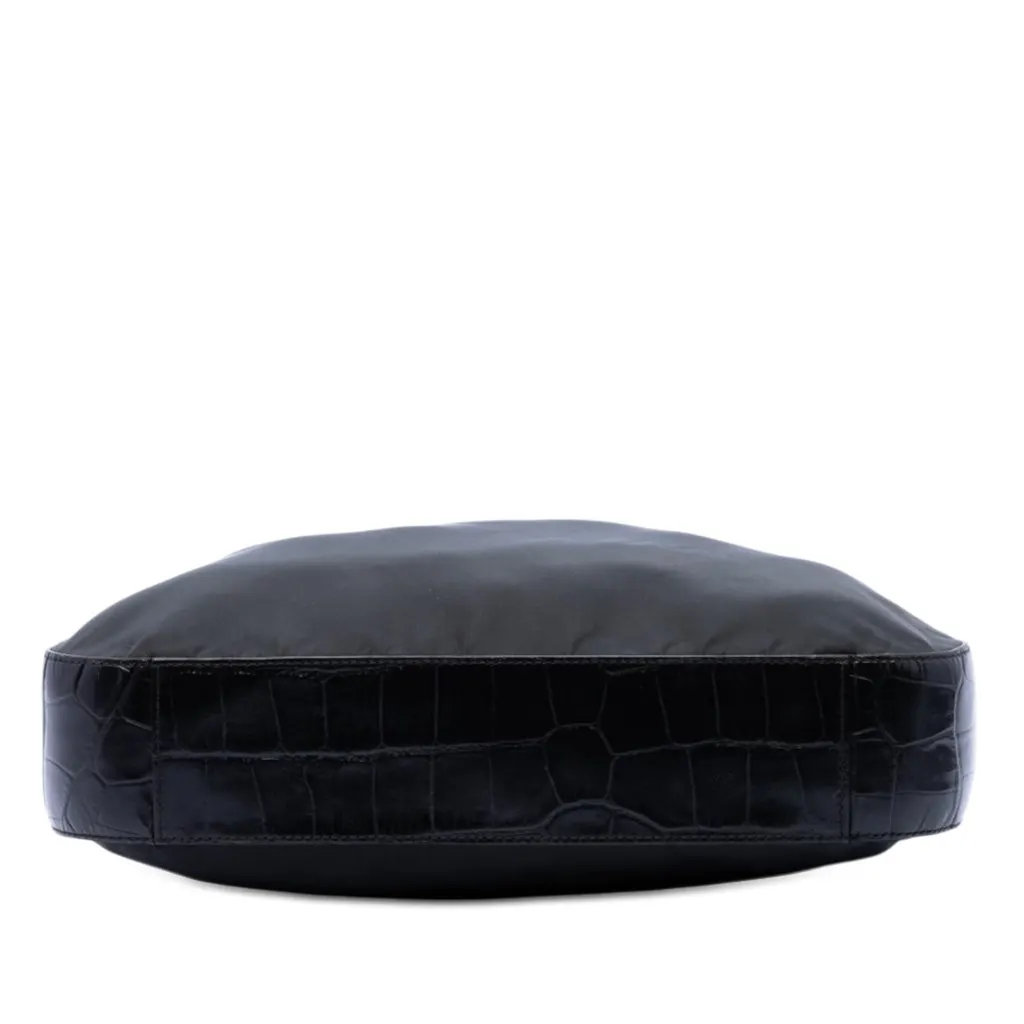 Prada Croc Embossed Leather Trimmed Tessuto Shoulder Bag Black Very good - Inside View
