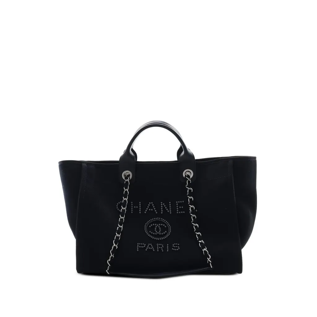 Chanel Large Canvas Pearls Deauville Tote Black Canvas Very good - Front View