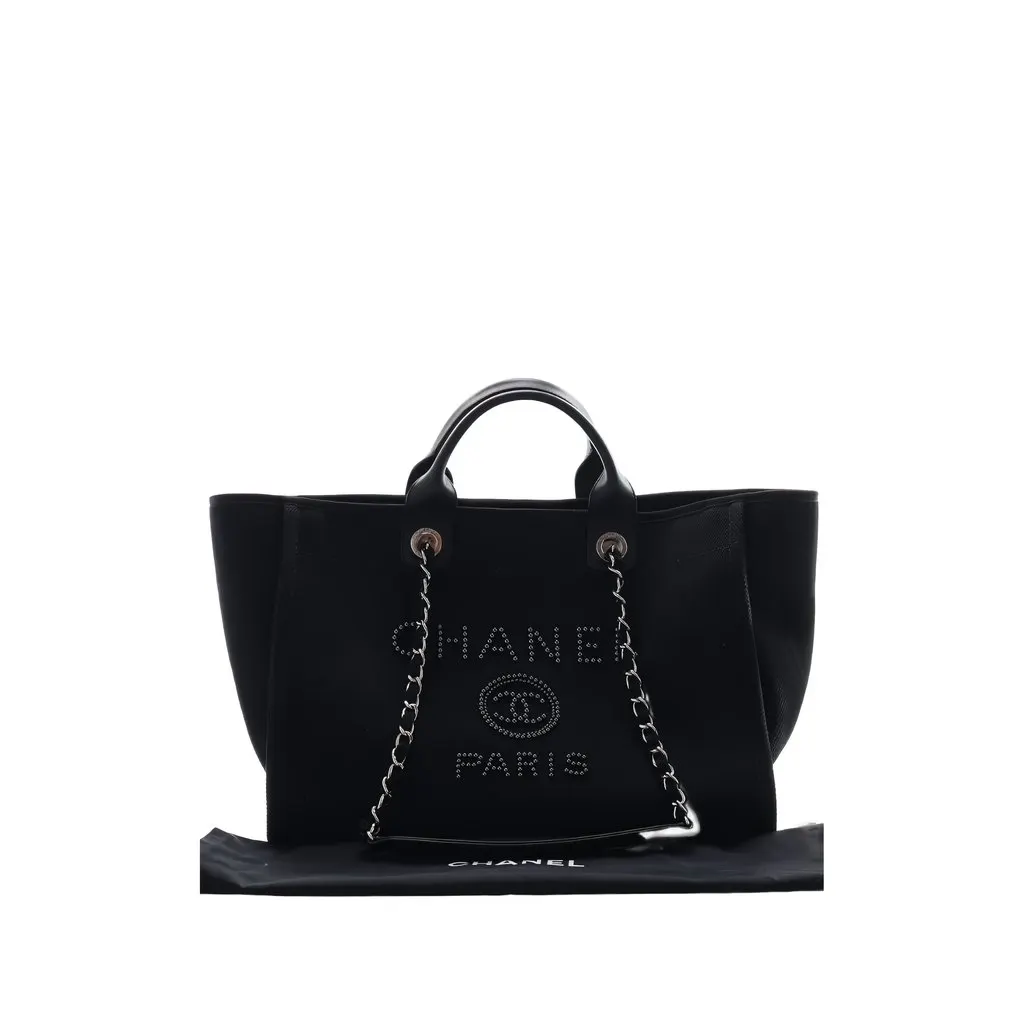 Chanel Large Canvas Pearls Deauville Tote Black Canvas Very good - Box View