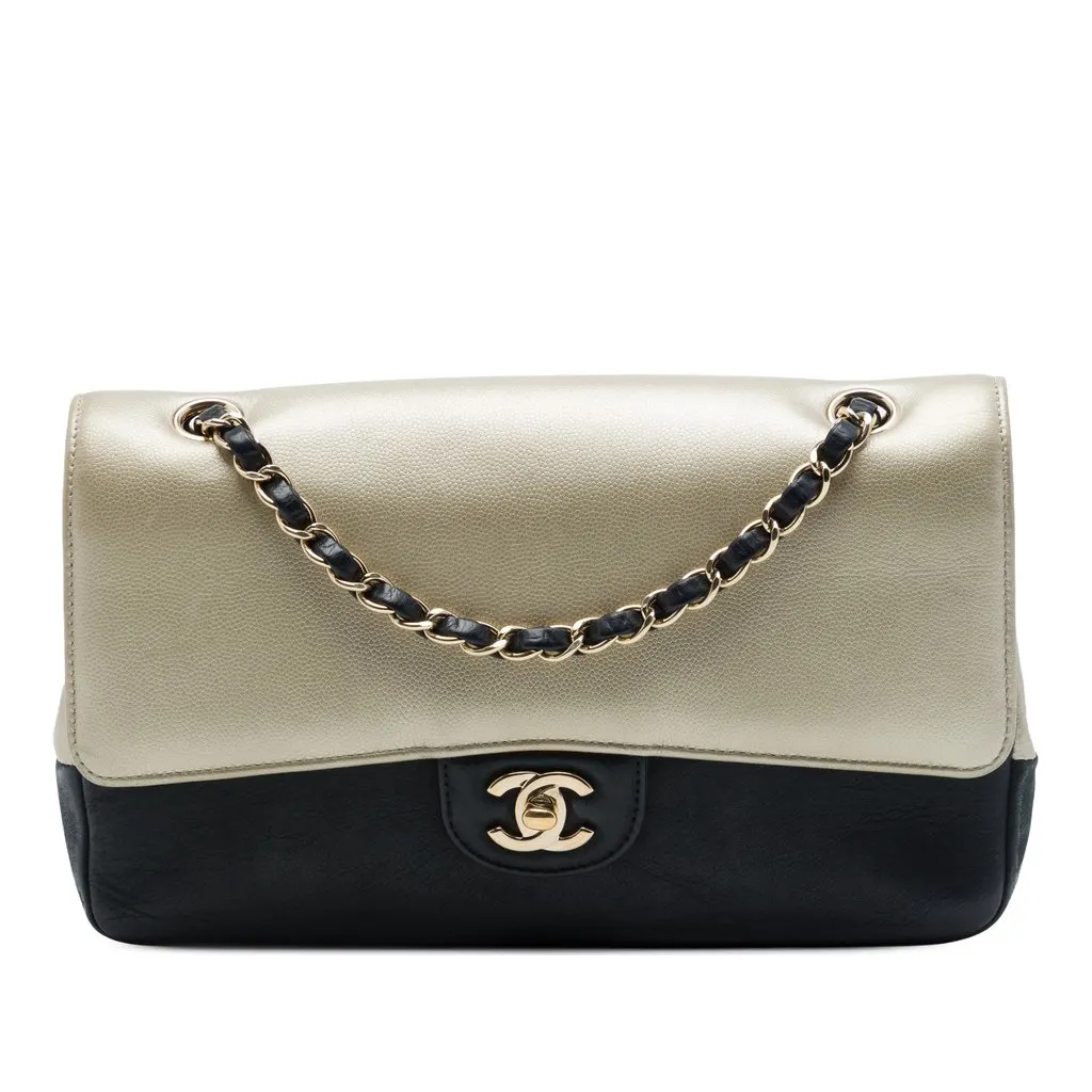 Chanel Medium Classic Bicolor Caviar and Iridescent Calfskin Double Flap Gold Leather Very good - Front View