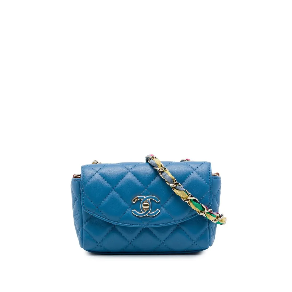 Chanel Mini Quilted Lambskin Cocovado Ribbon Chain Flap Blue Leather Very good - Front View