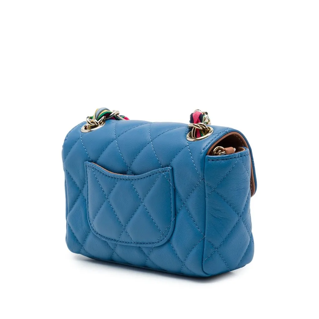 Chanel Mini Quilted Lambskin Cocovado Ribbon Chain Flap Blue Leather Very good - Back View